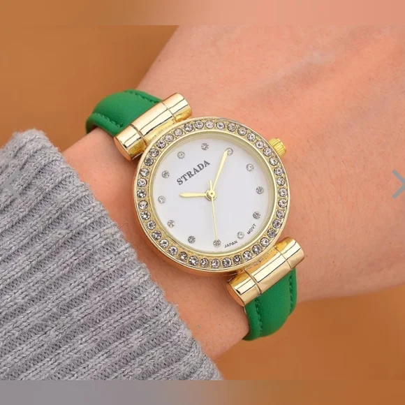 New Strada Austrian Crystal Watch w/ Green Strap & Gold Detailing with Crystals - Picture 2 of 4